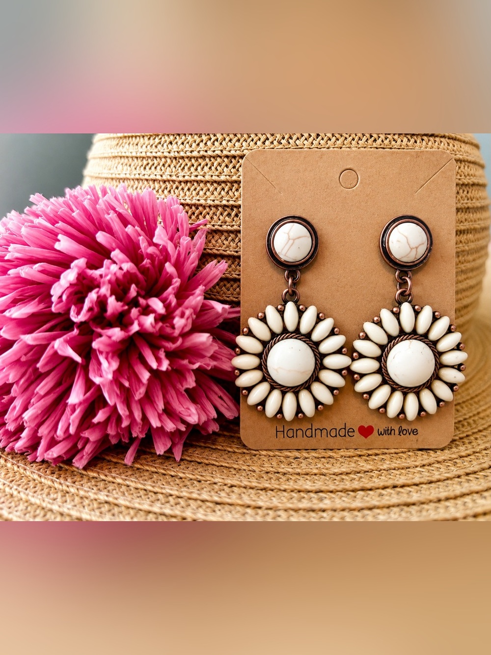 Boho Sunflower Drop Earrings Cream Stone Copper Western Boutique Style